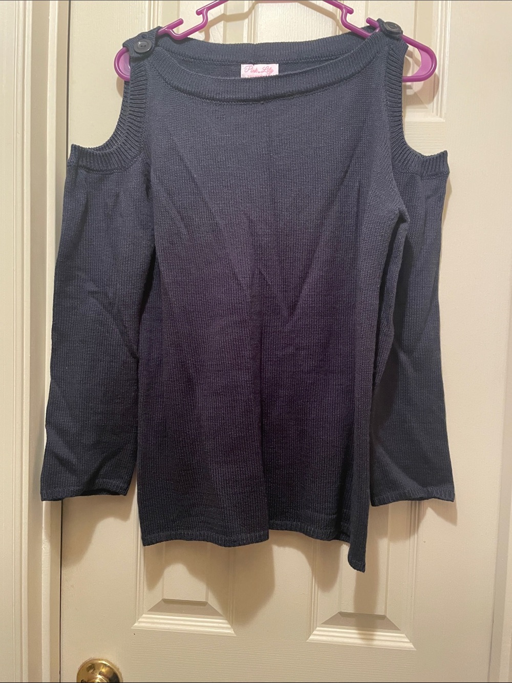Pink Lily Navy Cold-Shoulder Sweater with Button Detail